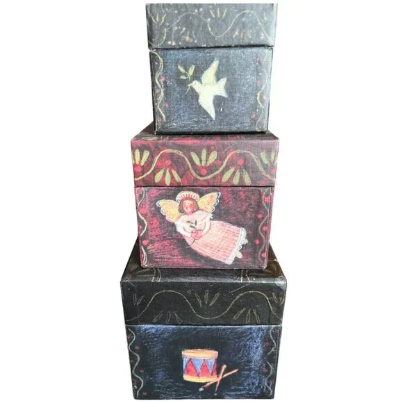 Vtg BOB'S BOXES Primitive Colors Nativity 3 Folk Art NESTING BOXES Angel, Dove - Picture 2 of 16
